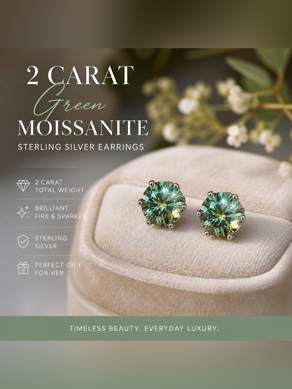2 Carat Mint Green Moissanite Sterling Silver Earrings